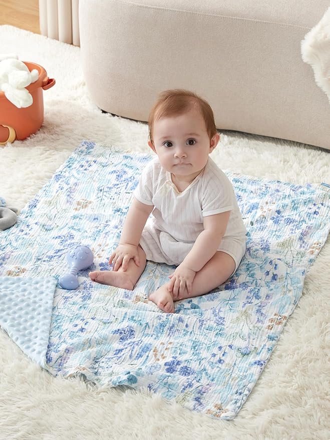 TILLYOU Baby Blankets for Girls Boys, Receiving Baby Blanket with Double Layer Soft Plush, Minky Muslin Cotton Front and Dotted Backing 30"x40", Blue Flower