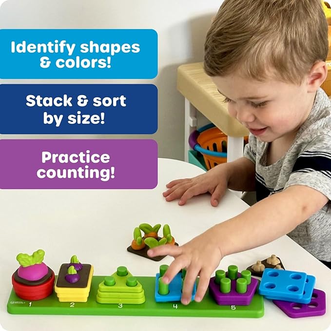 Learning Resources Stacking Shapes Garden, Fine Motor Skills, Stacking and Sorting Puzzle Board, Montessori Toddler Sensory Table Toys, Color Matching, Busy Board, Boy and Girl Gifts