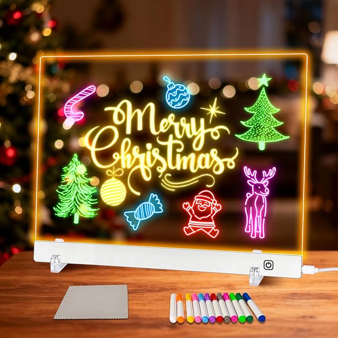 LED Note Board with Colors, Led Drawing Board for Kids, Light Up Acrylic Dry Erase Boards with Stand, Christmas & Birthday Gifts for Girls/Teens (White, 11.8" x 7.9")