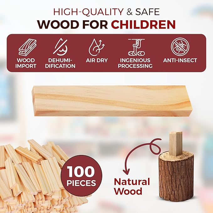 OWT Wooden Building Planks for Kids | 100 Piece STEM Construction Blocks Set for Creative Play | Educational Wood Building Toys for Boys and Girls Ages 3+ | Architecture, Engineering & Learning Fun