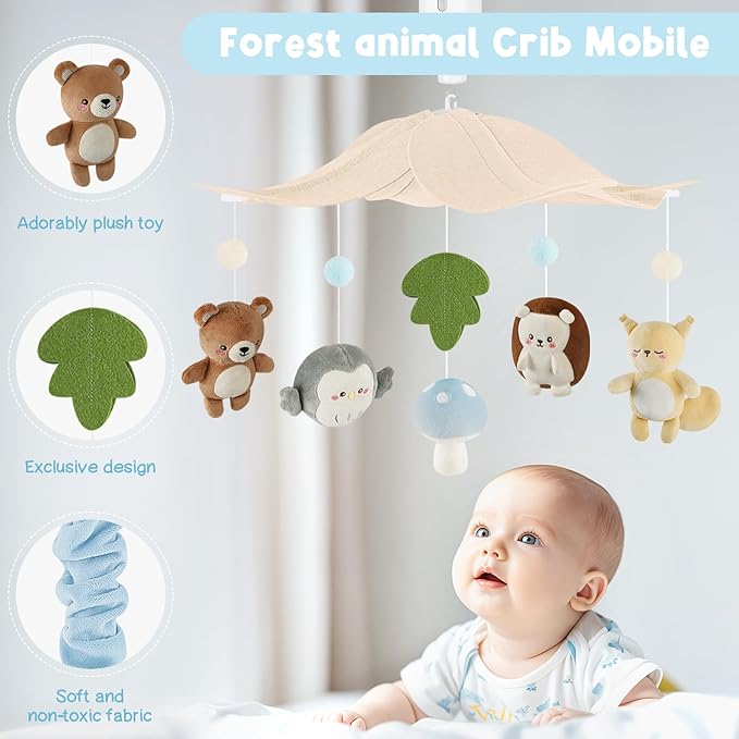 Woodland Crib Mobile – Animals Baby Mobile for Crib with Upgraded 3-Mode Music Box, Blue Nursery Mobiles for Boys & Girls, Fits Standard Cribs, Forest Nursery Decor
