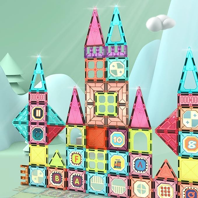 Magnetic Tiles Building Blocks with 4 Cars Magnet Train Set for Kids Construction STEM Toy Preschool Educational Creativity Learning Brithday Gift for Girls Boys Toddlers 3 4 5 6 7 8