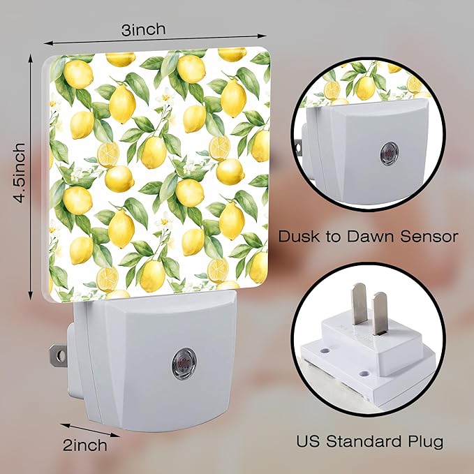 Lemon with Flowers Night Light, Fresh Lemon Fruits Floral Dusk to Dawn Night Light Plug in,0.5w Energy Saving Sleep Friendly Nightlights for Kids Boys Girls Home Decor