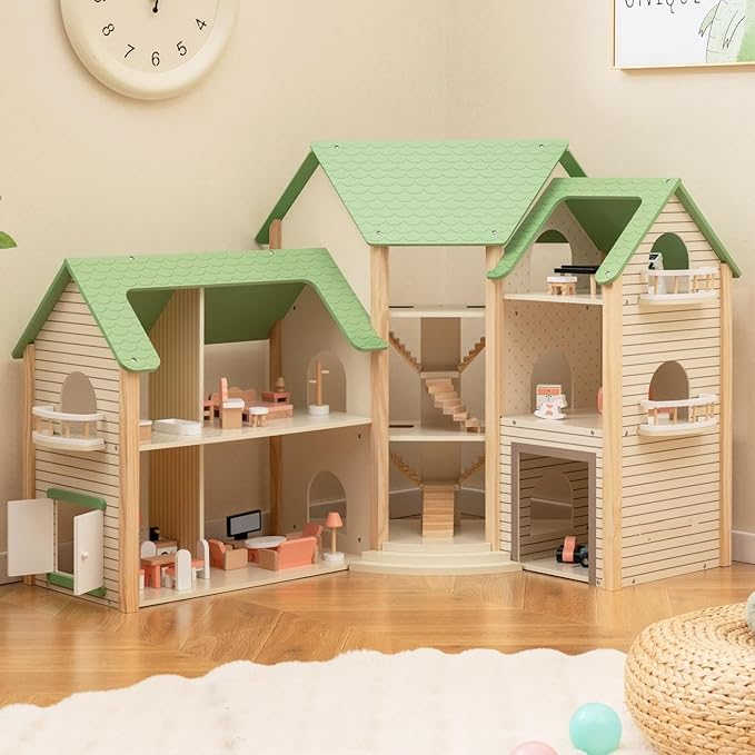 Costzon Wooden Dollhouse for Kids, 3-Story Luxury Doll House with 36 Pieces Furniture Accessories, 7 Rooms, Stairs & Balcony, DIY Pretend Dollhouse Playset, Gift for Girls Toddlers Ages 3+ (Green)