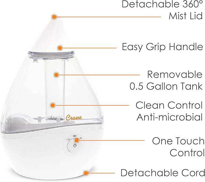 Crane Ultrasonic Teardrop Humidifier for Baby, Cool Mist, Auto Shut off, Adjustable Humidity, for Nursery, Bedroom, Clear and White, 0.5 Gallon