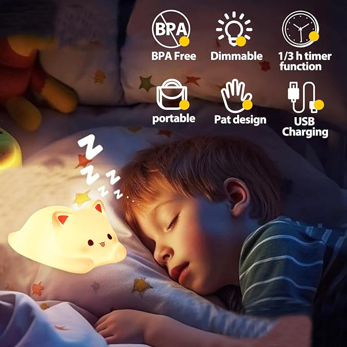 Tremdwoto Cat Night Light for Kids,Cute Colorful Night Light Baby Girl Squishy Night Lights Lamp 1/3 Hour Timer Kitty Light Dimmable Nursery Lamp Nightlight,Kids Room Decor，Gifts for Girls and Boys