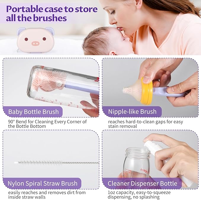 VOOWO Baby Bottle Brush & Drying Rack, Portable Travel Kit - Silicone Bottle & Nipple Brush Set, Straw Cleaner (Purple)