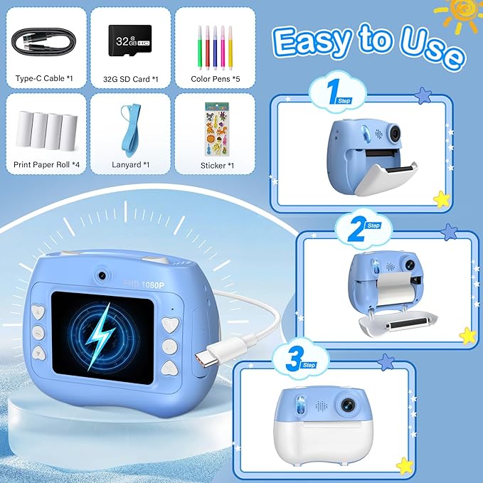 Instant Print Camera for Kids - Front Rear Dual Selfie Kid Print Camera, Fun Birthday Gift for Boys Ages 3-12, HD Digital Video Cameras, Easy to Use for Toddler - Blue