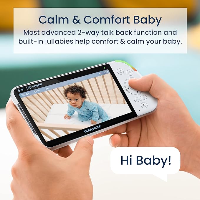 Babysense 5.5” 1080p Full HD Split Screen Baby Monitor, Video Baby Monitor with Camera and Audio, PTZ Camera, RGB Night Light, 1000ft Range, Two-Way Audio, 4X Zoom, 5000mAh Battery