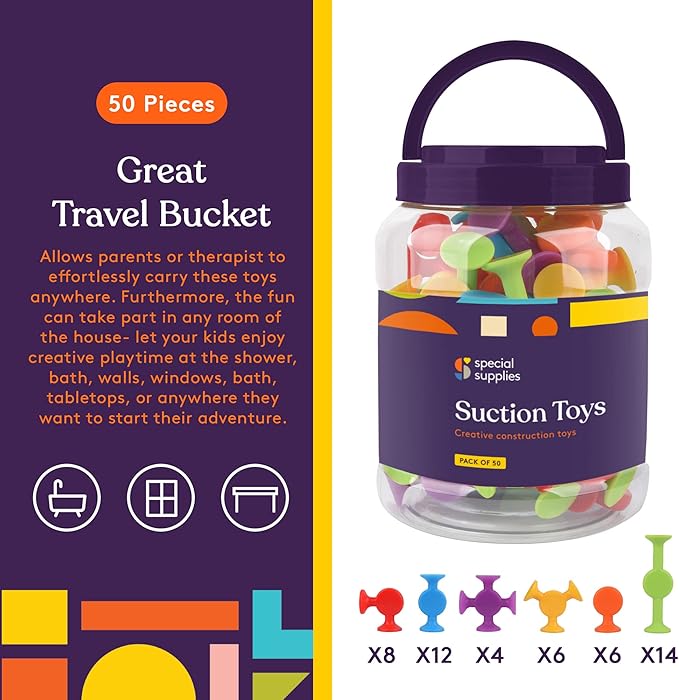 Special Supplies Suction Construction Bath Toys for Children, 50-Pcs Motor Skills, Hand-Eye Coordination, Bath Toy, Sensory, Creativity Imagination Educational Toys, Vibrant Colors, for Kids