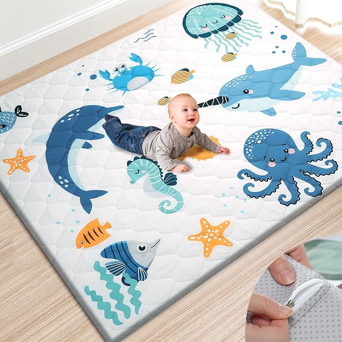 Premium Foam Baby Play Mat 71x59 – Removable & Machine Washable Cover, Extra Thick Padding Playpen Mat, Non-Slip Crawling Mat, Easy to Clean for Infants, Toddlers & Babies