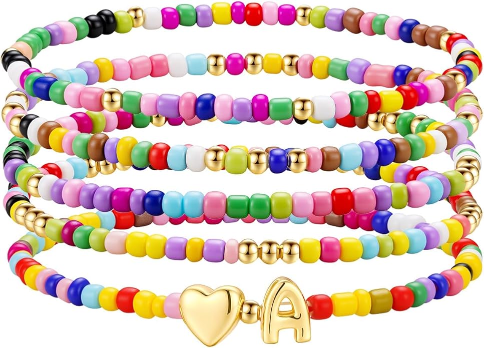 M MOOHAM Stocking Stuffers for Kids Girls Teen - 5PCS Colorful Beaded Initial Bracelets for Women Girls, Cute Stretch Heart Letter Bohemian Stackable Bracelet Birthday Gifts Jewelry for Kids Teen Girl