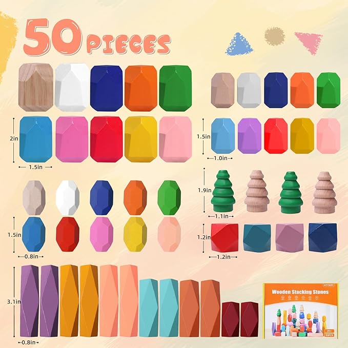 50 PCS Wooden Stacking Rocks Sensory Toys for Toddlers 3-4 Learning Montessori Building Block Toys Balancing Stacking Stones Preschool Learning Educational for Kids 3 4 5 Years Old Gifts