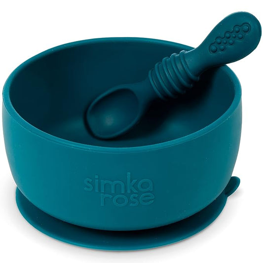 Simka Rose Baby Bowl and Spoon Set, Suction Bowls for Toddler, BPA-Free Silicone, Dishwasher and Microwave Safe Feeding Supplies (Emerald)