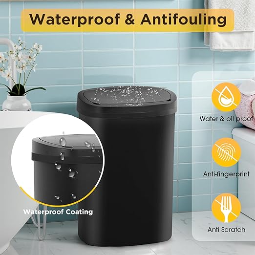 BestOffice | 13 Gallon Plastic Trash Can with Lid | Dark Black | Automatic Touchless Garbage Can | Odor Control | Modern Oval Design | Easy to Clean | Fits Any Kitchen, Bathroom, Office or Home