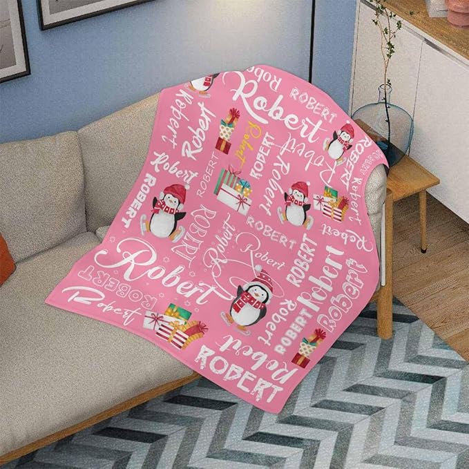 M YESCUSTOM Custom Name Blanket, Personalized Baby Throw Blanket, Pink Penguin, Christmas, Birthday for Kids & Adults