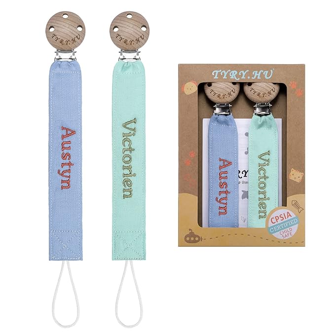 TYRY.HU Personalized Pacifier Clip with Name, Embroidery Webbing Pacifier Holder for Baby Girls and Boys, Neutral Binky Clips Universally Fit All Pacifiers & Baby Toys, Baby Gift, 2 Pack(Blue, Green)
