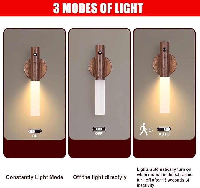 LANDGOO Rechargeable Wooden Night Light for Nursery, Motion-Activated RGB LED Baby Light for Breastfeeding, Toddler Kids Bedroom Décor