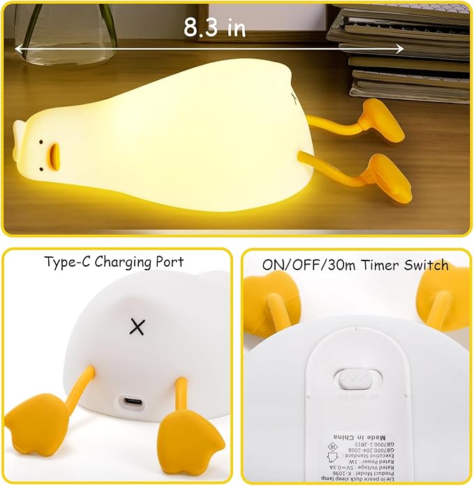 Hbaushun Duck Night Light, Dimmable Nursery Squishy Lying Flat Nightlight,Cute LED Silicone Duck Lamp,Rechargeable Bedside Touch Lamp for Breastfeeding Toddler Baby Kids Decor,Birthday Christmas Gifts