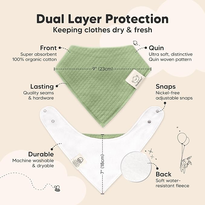 KeaBabies 8-Pack Bandana Bibs for Baby Girls, Boys - Organic Cotton Baby Bibs for Drooling & Teething Newborn, Toddler, Infant 0-36 months, Extra Soft, Absorbent Cloth with Snaps (Dew/Quin)