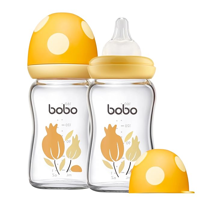 YOHKOH Natural Glass Baby Bottle with Natural Response Nipple, Newborn Anti-Colic Baby Bottles, Wide Neck Mushroom Cap Baby Bottle, Clear (Yellow, (5.4oz (Pack of 2))
