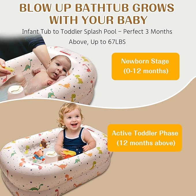 Inflatable Baby Bathtub Built-in Air Pump, Portable Travel Baby Bath Tub, Blow up Toddler Pool Seats for Babies Sitting up, Foldable Bathing Infant Shower Basin for Newborn 3 Months and up (Dinosaur)