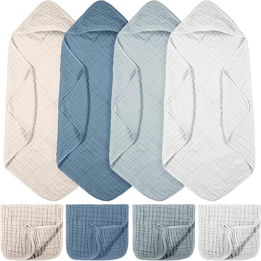 VitalCozy 8 Pcs Baby Muslin Hooded Bath Towels and Washcloths, 32 x 32 Inch Muslin Cotton Hooded Baby Towels Absorbent Hooded Blankets for Gift Newborn Infant Shower (Blue,White)