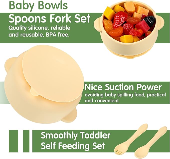 Chengu 12 Pcs Silicone Bowl with Suction Set for Baby Toddler with Suction Plate, Spoon and Fork, Divided Design Baby Feeding Utensils Weaning Kit, Dishwasher and Microwave Safe