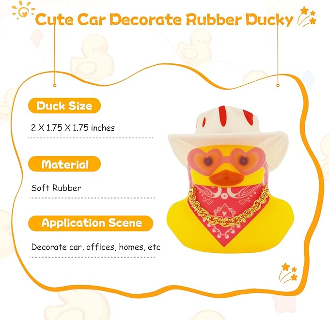 Quackly Pink Cowboy Rubber Duck, Car Dashboard Decoration Ducks with Cowboy Hat Necklace Sunglasses, White