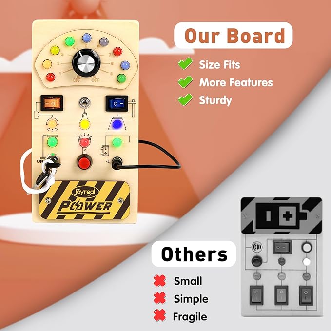 Joyreal Toddler Busy Board, Wooden Montessori Busy Board Sensory Board with LED Light Switch, Sensory Toys Baby Fidget Board Travel Toys for Toddler
