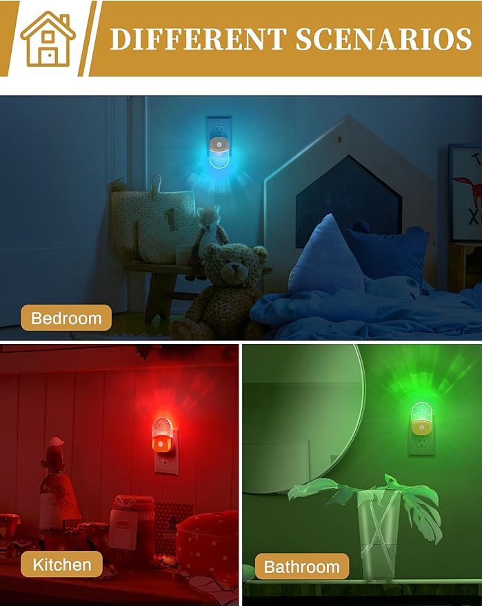 DORESshop 8-Color RGB LED Night Lights Plug Into Wall [2 Pack], Color Changing Night Light with Dusk to Dawn Sensor for Bathroom Decor, Children Room, Golden Cover