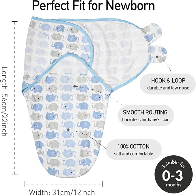 GLLQUEN BABY Swaddle Sleep Sack - 3 Pack Infant Swaddles for Newborn, Baby Swaddling Sack 0-3 Months, Ergonomic Newborn Swaddle Blanket for Baby Boy and Girl, Blue & Elephants