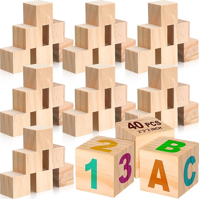 40 Pcs 2 Inch Unfinished Wooden Blocks for Crafts, Blank Natural Wooden Cubes Wood Square Blocks for Paint Stamp Decorate DIY Projects Personalised Gifts Crafts Making Baby Shower Christmas Decoration