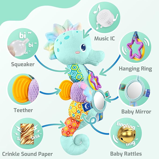 LIGHTDESIRE Baby Toys Musical Seahorse Stuffed Animals Infant Toys 0-6-12 Months with Mirror|Rattles|Crinkle|Baby Teething Toys,Sensory Toys for Tummy Time Newborn Boys Girls Birthday Gifts(Ice Blue)