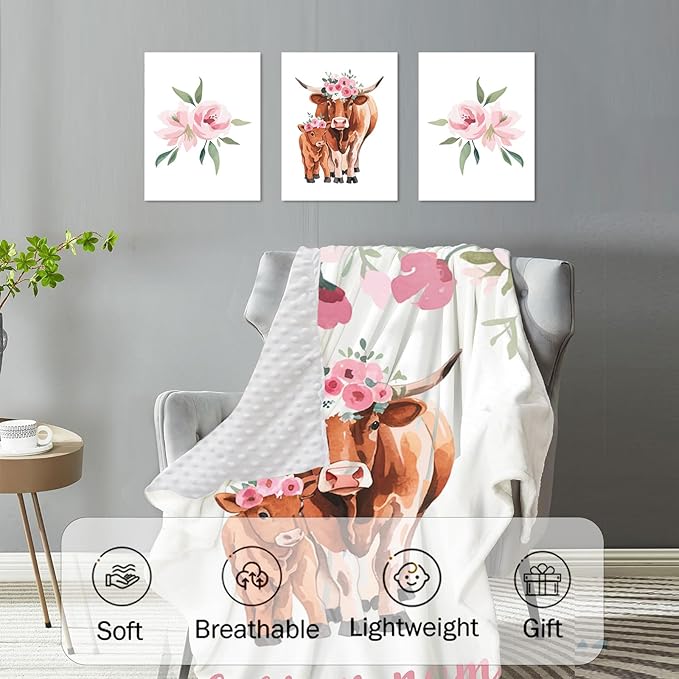 Personalized Nursery Crib Bedding Set: Custom Name Pink Flower 5 Piece Baby Crib Sets with Highland Cow Pattern - Toddler Double Layer Blanket Set, Comfortable Crib Bed Sheets for Baby Grils