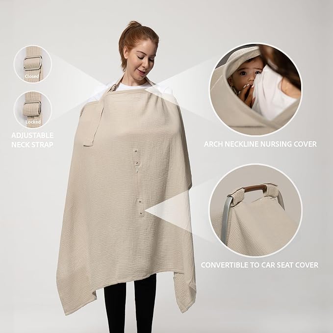 Nilsa 5-in-1 Muslin Nursing Cover up for Breastfeeding & Baby Car Seat Cover - Breathable Breastfeeding Cover With Rigid Hoop - 100% Cotton Privacy Apron Breast Feeding Covers For Women (Ecru)