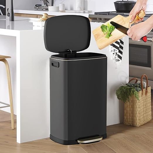 ELPHECO Kitchen Trash Can with Lid Soft Close, 13 Gallon / 50L Stainless Steel Pedal Garbage Can, Heavy-Duty Fingerprint Proof Step Wastebasket with 20 Bags, Removable Bucket, Home Office, Matte Black