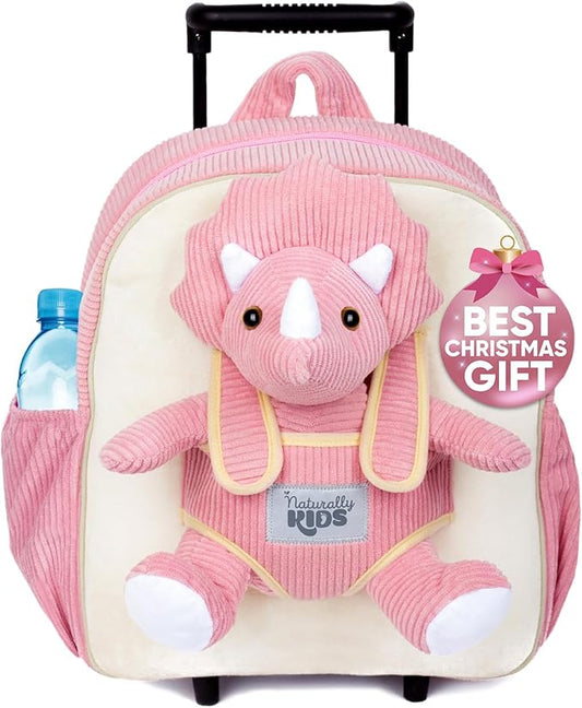 Toddler Luggage for Girls w Dinosaur Toys, Kids Rolling Backpack Girls, Toddler Suitcase, Gifts for 3 4 5 6 Year Old