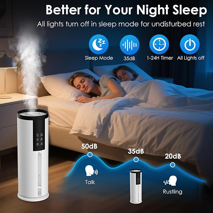 Humidifiers for Bedroom - GloryAir 2.11Gal (8L) Quiet Top Fill Cool & Warm Mist Humidifier Large Room 650 ft² with Humidistat, diffuser, Auto Mode, 7-Color Light for Plants, Baby,Adults, Office & Home