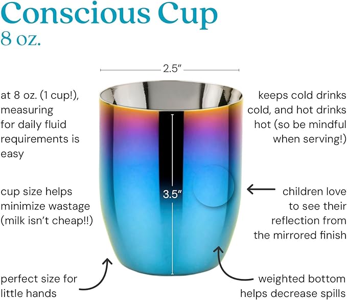 Ahimsa Stainless Steel Kids Cups - Pediatrician Designed Toddler Cup for Open Cup Training, 8oz, 100% BPA Free & Dishwasher Safe (Set of 4 Iridescent Blue Cups)