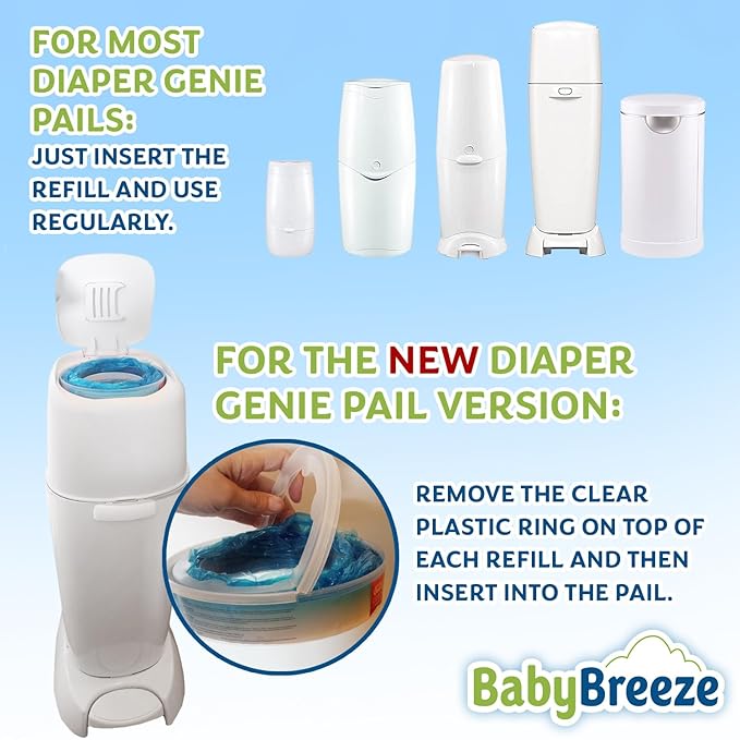 BabyBreeze Diaper Pail Refill Bags Compatible with Playtex Diaper Genie Pails Odor Absorbing Diaper Disposal Trash Bags - 840 Count (3-Pack)
