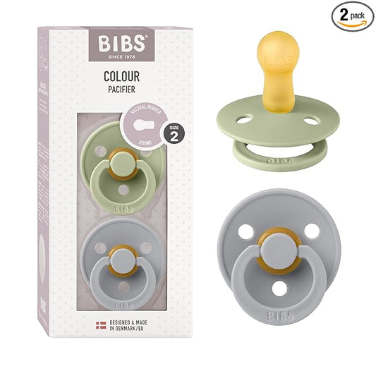 BIBS Pacifiers Colour Collection | Natural Rubber Baby Pacifier | Round Nipple | Set of 2 BPA-Free Soothers | Made in Denmark | 6+ Months (Pack of 2) | Sage/Cloud