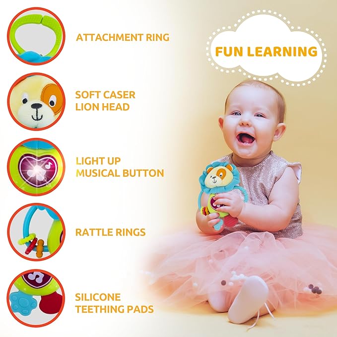 KiddoLab Musical Caesar Teething Toy for 3 Months and Up - Baby Teether, Rattle & Musical Toy with Lights & Fun Sound Effects - Baby Hanging Toy Easily Fits to Crib, Stroller and Car Seats