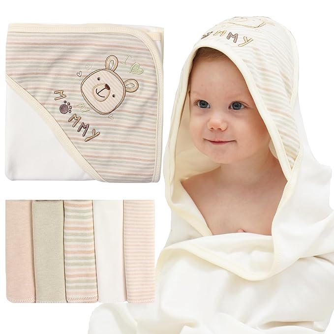 6-Pack Baby Hooded Towel and Washcloths Set, Premium Ultra Soft Reusable 100% Organic Cotton Baby Bath Towel, Baby Blanket for Newborns, Infants, Toddlers, Stripes Bear, 37.5 x 37.5 Inch