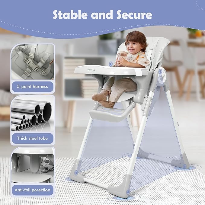 4 in 1 High Chairs for Babies and Toddlers, Convertible Foldable Baby High Chairs, Feeding and Eating Seat Highchair with 4 Levels of Recline and 7 Levels of Height Adjustment, Gray