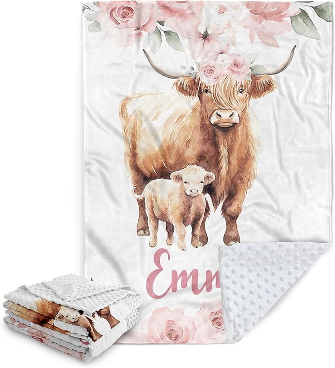 Custom Baby Blanket, Personalized Name Baby Blanket for Girls Boys, Highland Cow Double Layer Dotted Backing Receiving Swaddle Blankets, Nursery Newborns New Parents Customized Gifts(30"x40")