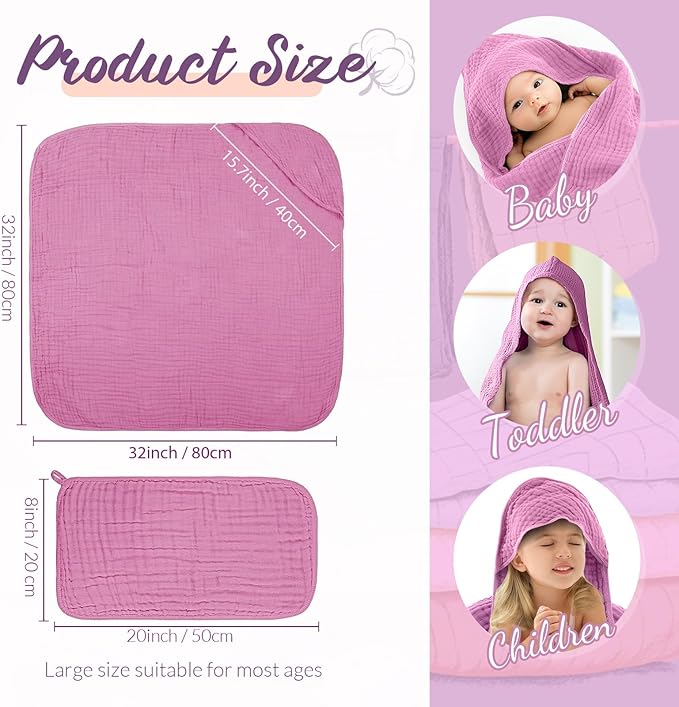 VitalCozy 12 Pcs Baby Muslin Hooded Bath Towels and Washcloths, 32 x 32 Inch Muslin Cotton Hooded Baby Towels Absorbent Hooded Blankets for Gift Newborn Infant Shower (Pink Purple Series)