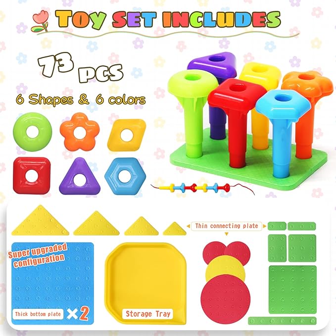 Peg Board Toy set 73Pcs DIY Building Stacking Toys for Kids 3-6 Years Old,STEM Educational Kids Toy for Brain Development,Montessori Sensory Toys,Upgrade Various Foam Board Plastic Lacing String Game