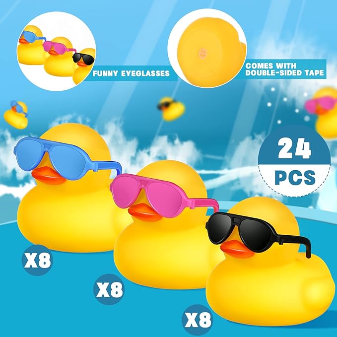 24 Pcs Mini Rubber Ducks with Sunglasses, Rubber Ducks in Bulk Valentine Bathtub Toys for Cruise Valentines Kids Classroom Gift Exchange(Eyeglasses,Yellow, Blue, Pink, Black)