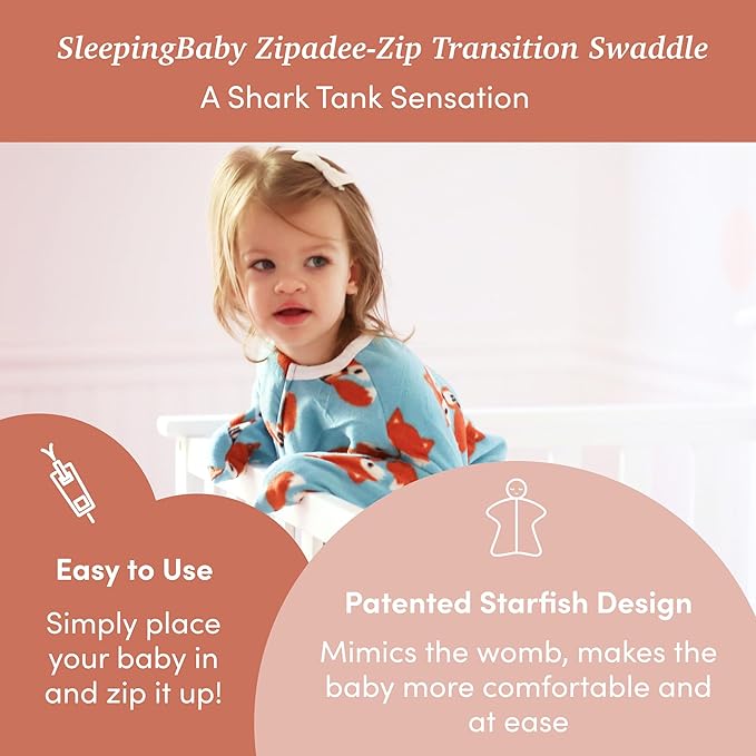 SleepingBaby Zipadee-Zip Transition Swaddle - Cozy Fleece Wearable Blanket with Two-Way Zipper for Baby Sleep - Friendly Fox, Small (4-8 Month)